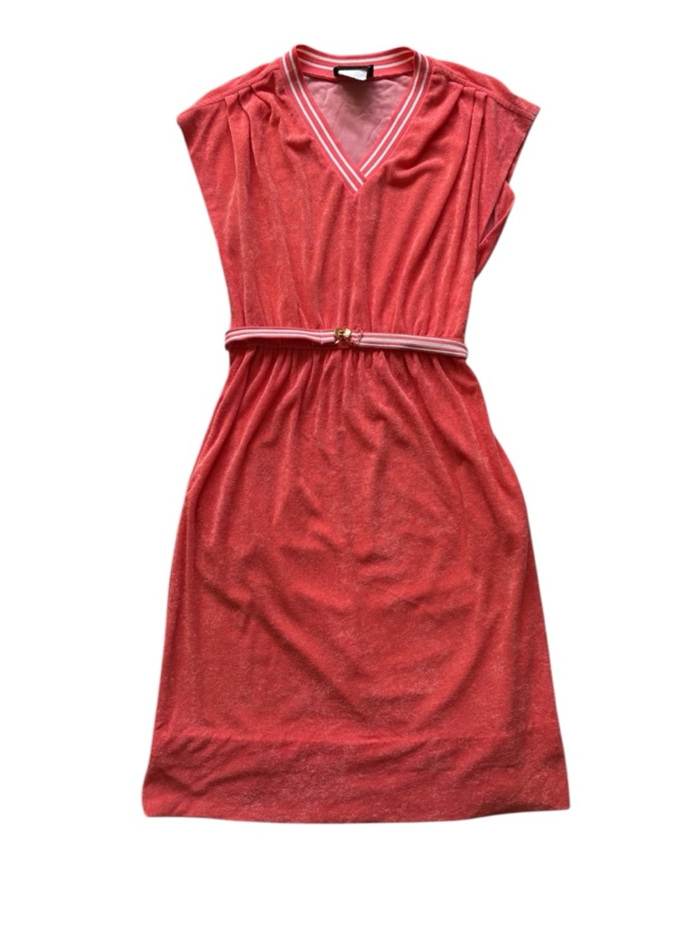 Sue Brett Vintage 70s Orange V-Neck Belted Terry Dress Size Small Made in Canada